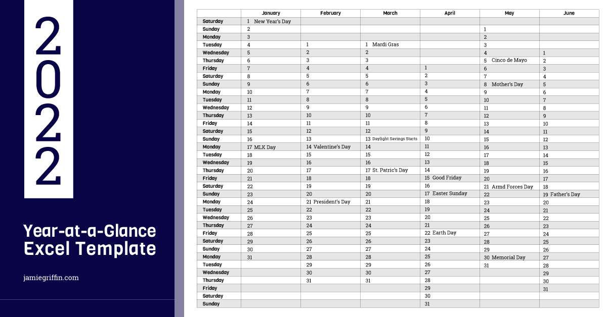 Calendar Excel Template 2022